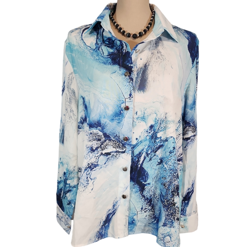 ChicMe Blue Pattern Button Down Long Sleeves Blouse